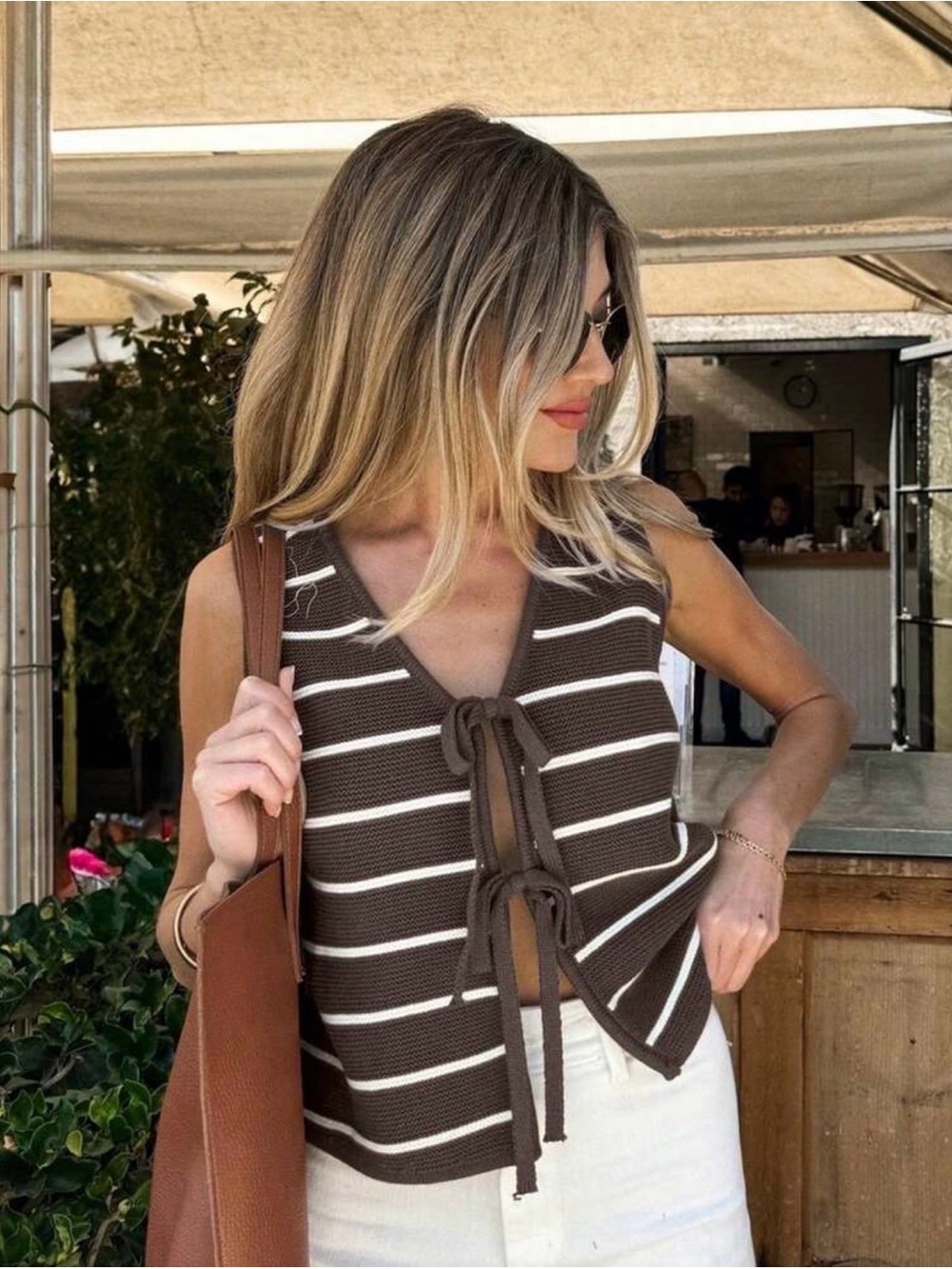 SHEIN Brown & White Striped Tie-Front Knit Tank